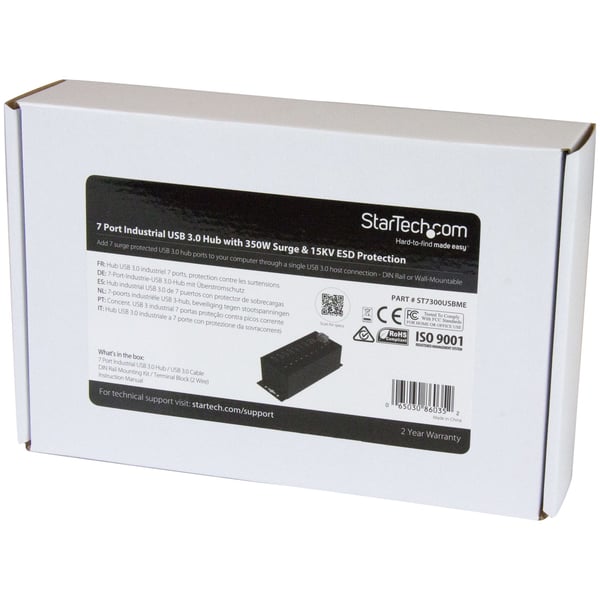 StarTech.com USB 3.0-hubb med 7 portar och nätadapter - Industriell USB-A-hubb i metall med ESD- och 350 W överspänningsskydd - Monterbar på DIN-skena/vägg/skrivbord - Höghastighets USB 3.2 Gen 1 (5Gbps)-hubb