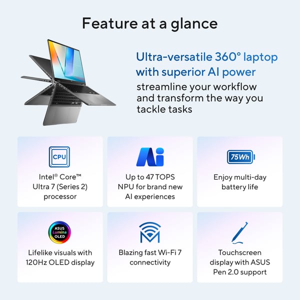 ASUS Vivobook 16 Flip TP3607SA-SI099W Copilot+ PC Intel Core Ultra 7 258V Hybridi (2-in-1) 40,6 cm (16") Kosketusnäyttö WUXGA 32 GB LPDDR5x-SDRAM 1 TB SSD Wi-Fi 7 (802.11be) Windows 11 Home Musta, Harmaa QWERTY Hollanti
