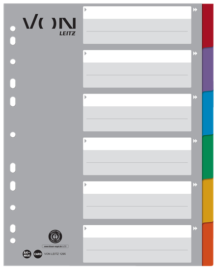 Leitz VON 12950000 faneskiller Blankt faneindeks Pap Blå, Grøn, Grå, Orange, Rød, Violet, Hvid, Gul