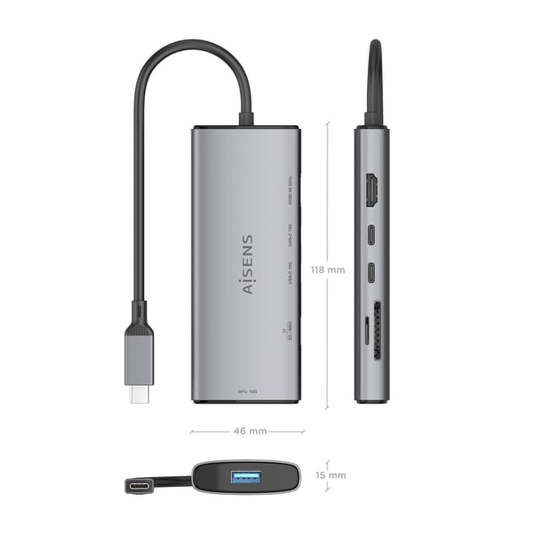 AISENS ASUC-6P029-GR kannettavien tietokoneiden telakka ja porttitoistin Langallinen USB 3.2 Gen 1 (3.1 Gen 1) Type-C Harmaa