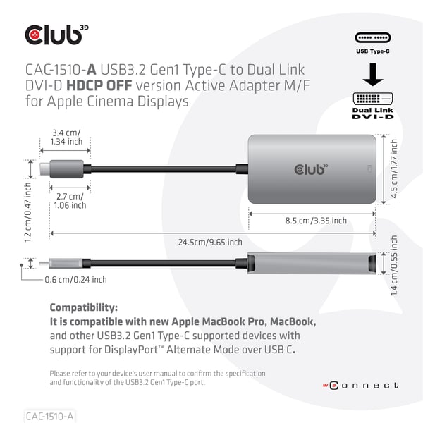 CLUB3D CAC-1510-A videokabel adapter 0,25 m USB Type-C DVI-D Grå