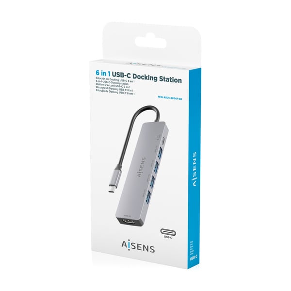 AISENS ASUC-6P047-GR kannettavien tietokoneiden telakka ja porttitoistin Langallinen USB 3.2 Gen 1 (3.1 Gen 1) Type-C Harmaa