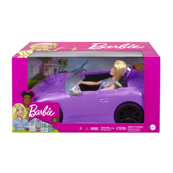 Barbie Barbie-nukke (n. 29 cm korkea, vaaleahiuksinen) ja violetti avoauto, 3–7-vuotiaille