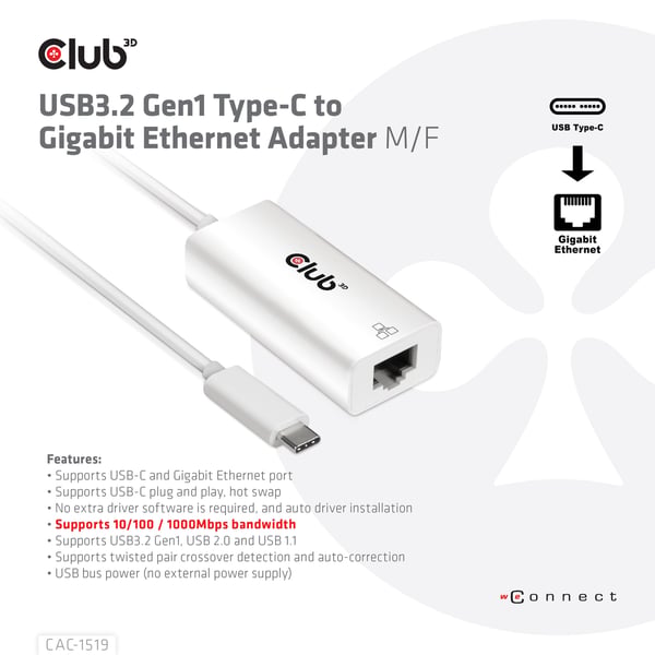 CLUB3D CAC-1519 kabel kønsskifter USB-C RJ-45 Hvid