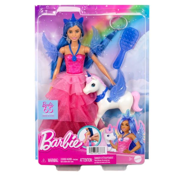 Barbie A Touch of Magic Barbie-enhörningsleksak, docka till 65-årsjubiléet med blått hår, rosa klänning och enhörning som husdjur