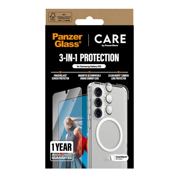 PanzerGlass ® | CARE™ by ® 3-in-1 Bundle Samsung Galaxy S25 Genomskinligt skärmskydd 1 styck