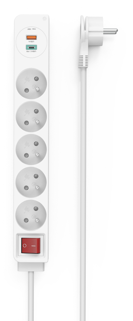 HAMA 5 pistorasiaa + 2X USB C/A, 1,4m