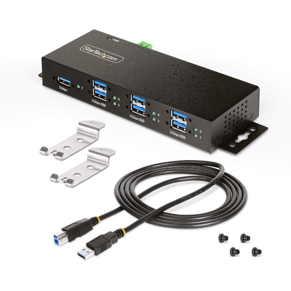 StarTech.com Hanterad USB-hubb med 7 portar och 7x USB-A, robust industrihölje i metall, ESD- och överspänningsskydd, monterbar på vägg/skrivbord/skena, USB 3.0/3.1/3.2 Gen 1 5 Gbps