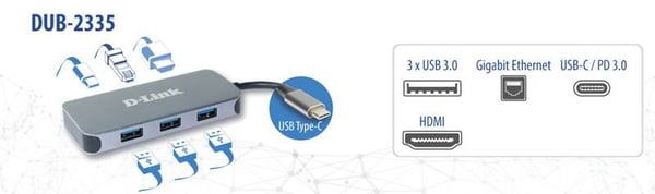 D-Link DUB-2335 kannettavien tietokoneiden telakka ja porttitoistin Langallinen USB Type-C Harmaa