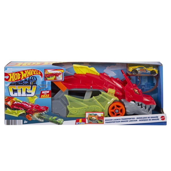 Hot Wheels City Dragon Launch Transporter, skjuter ut bilar ur munnen, present till barn från 3 år och uppåt