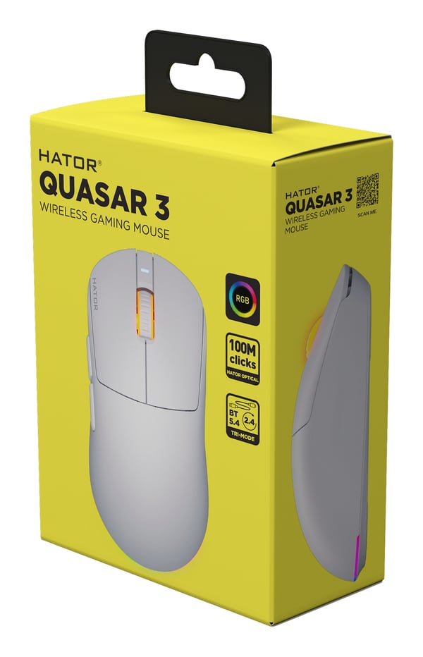 HATOR Quasar 3 Wireless pelihiiri, 2.4 GHz + Bluetooth + USB, Optical Yellow 100M Switches, PixArt PAW3311, RGB, Web SyncHUB™, Valkoinen