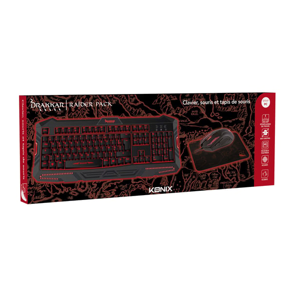 Konix Drakkar Raider Pack tangentbord Mus inkluderad Spela USB AZERTY Fransk Svart, Röd