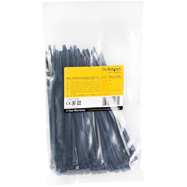 StarTech.com 100-pack 6" (15 cm) buntband - 1/8" (3,6 mm) breda, 1-3/8" (39 mm) buntdiameter, 40 lb (18 kg) draghållfasthet, självlåsande nylonbuntband med böjd spets, UL-godkända, svarta - TAA