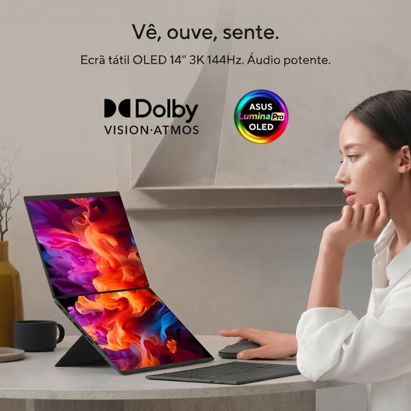 ASUS Zenbook Duo UX8407AA-U93BOHDCP1 Copilot+ PC Intel Core Ultra 9 386H Hybrid (2-i-1) 35,6 cm (14") Berøringsskærm WQXGA+ 32 GB LPDDR5x-SDRAM 1 TB SSD Wi-Fi 7 (802.11be) Windows 11 Pro Grå QWERTY Portugisisk