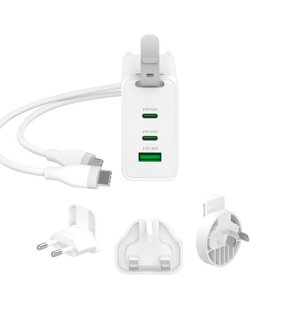 j5create 65W GaN USB-C 3-portars reseladdare med utbytbara AC-kontakter och USB-C-kabel