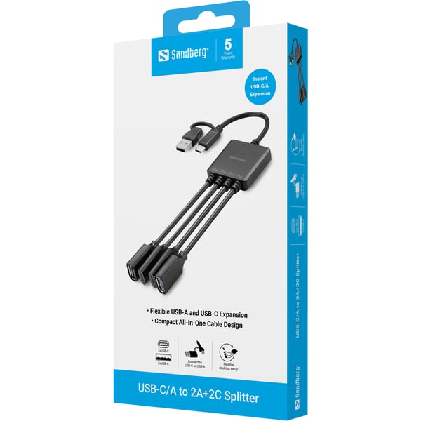 Sandberg 136-81 gränssnittshubbar USB 3.2 Gen 1 (3.1 Gen 1) Type-A + Type-C 5000 Mbit/s Svart