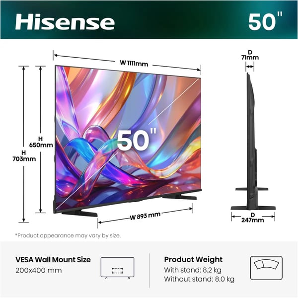 Hisense 50E7S 127 cm (50") 4K Ultra HD Smart TV Wi-Fi Sort 300 cd/m²