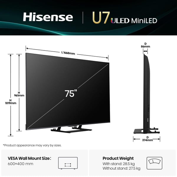 Hisense 75U7Q 190,5 cm (75") 4K Ultra HD Smart TV Wi-Fi Sort 450 cd/m²