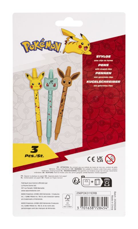 Pokémon 70428 kuglepen Blå Clip-on udtrækkelig kuglepen 3 stk