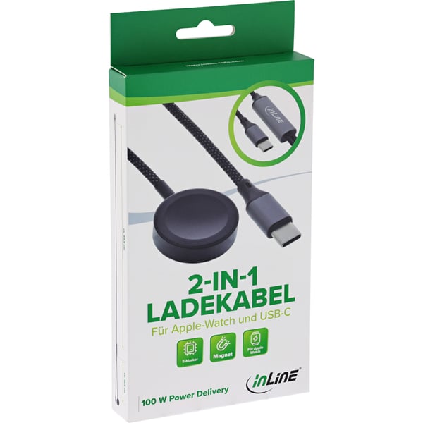InLine 2-in-1 charging cable for Apple Watch + USB-C, 100 W, USB 2.0, 1.2 m USB-kabel 1,2 m USB C 0,48 Gbit/sek. Sort, Grå