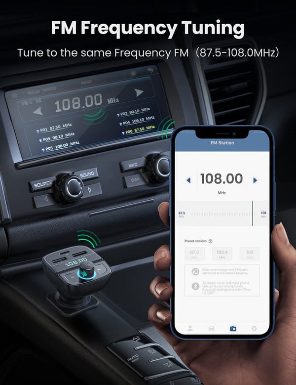 Ugreen [AI generated title] Biloplader / FM-Sender Med Bluetooth 5.0 3 Usb Porte Musta