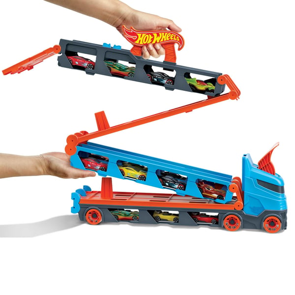 Hot Wheels City Speedway Hauler-långtradare med 3 bilar i skala 1:64 för barn som är 4 till 8 år