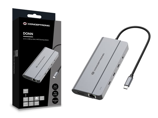 Conceptronic DONN34G kannettavien tietokoneiden telakka ja porttitoistin Langallinen USB 3.2 Gen 2 (3.1 Gen 2) Type-C Harmaa