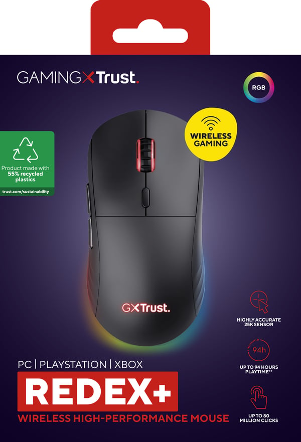 Trust GXT 927 Redex+ hiiri Pelaaminen Oikeakätinen RF Wireless + USB Type-A Laser 25600 DPI