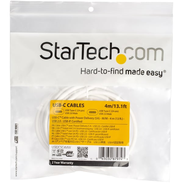 StarTech.com 4 m USB-C snabbladdningskabel, laddning och synkronisering, 100 W (5 A) PD, USB 2.0, USB-IF-certifierad - Vit USB C-laddningssladd