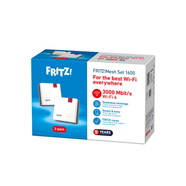 Mesh Set FRITZMESH SET 1600 2-PACK EDITION INTERNATIONAL Dual-band (2,4 GHz / 5 GHz) Wi-Fi 6 (802.11ax) Rød, Hvid Intern
