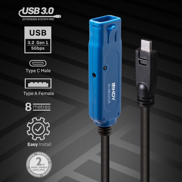 Lindy 8m USB 3.2 Gen 1 C/A Aktiivinen jatkojohto Pro Jopa 40 metrin jatko USB-tyypin A laitteelle