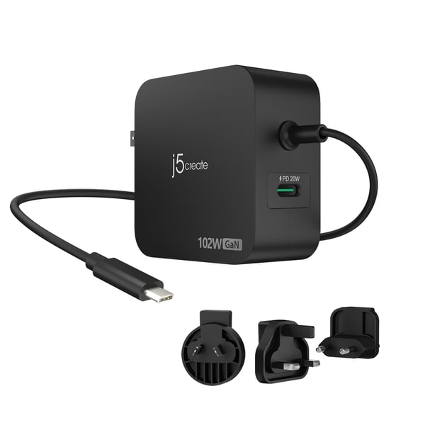 j5create 102W GaN 2-ports USB-C-oplader med strømforsyning (PD) og udskiftelige strømstik (vekselstrøm/AC)