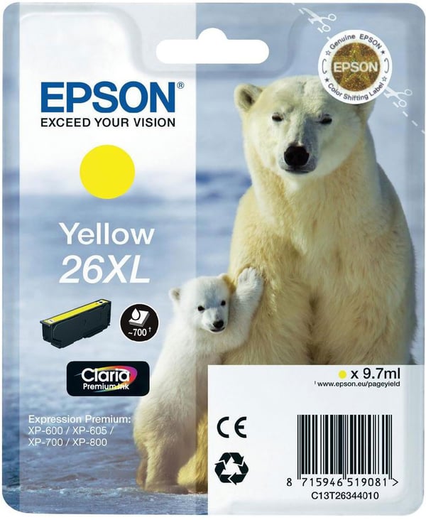Epson Polar bear Yksittäispakkaus, keltainen 26XL Claria Premium -muste