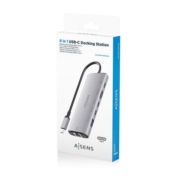 AISENS ASUC-6P030-GR kannettavien tietokoneiden telakka ja porttitoistin Langallinen USB 3.2 Gen 1 (3.1 Gen 1) Type-C Harmaa