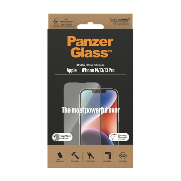 PanzerGlass ® Screen Protector iPhone 14 | 13 | 13 Pro | Ultra-Wide Fit w. EasyAligner Genomskinligt skärmskydd Apple 1 styck