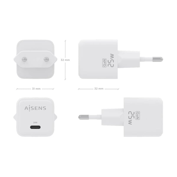 AISENS ASCH-25W1P012-W oplader til mobil enhed Universel Hvid Vekselstrøm Hurtig opladning Indendørs