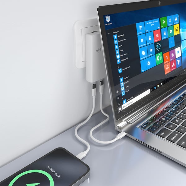 AISENS ASCH-65W2P077-W oplader til mobil enhed Digitalt kamera, Mobiltelefon, Laptop, Smartphone, Tablet, Universel Hvid Vekselstrøm Hurtig opladning Indendørs