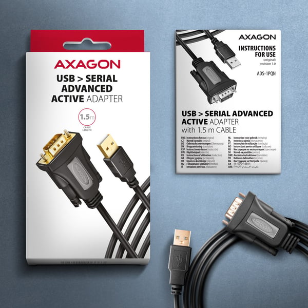 Axagon ADS-1PQN USB-A 2.0 - serial RS-232 DB9-M FTDI adapter cable 1.5m - Adapter - Digital/Daten seriella kablar Svart 1,5 m USB Type-A