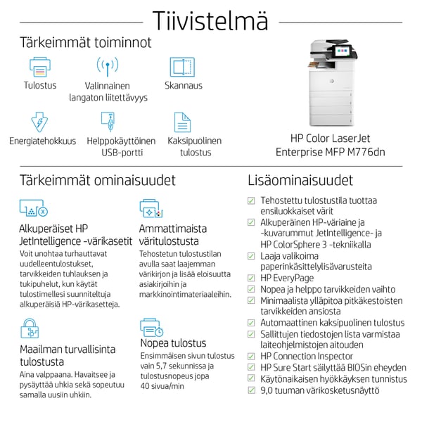 HP Color LaserJet Enterprise LaserJet Enterprise M776dn Multifunction Väri Tulostin, Vain Ethernet; Kopiokone, skanneri