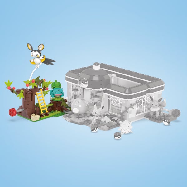 MEGA Pokémon Emolga og Bulbasaurs charmerende skov