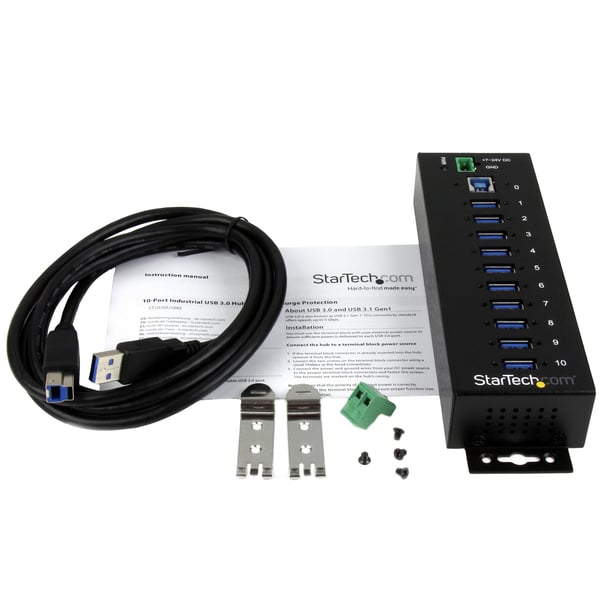 StarTech.com USB 3.0-hubb med 10 portar - 5Gbps - Industriell USB-A-hubb i metall med ESD- och överspänningsskydd - Monterbar på DIN-skena, vägg eller skrivbord - TAA-kompatibel USB-expansionshubb