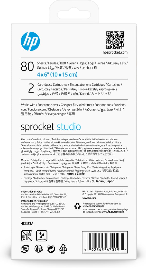 HP Sprocket 4 x 6" (10 x 15 cm) fotopapir og patroner-80 ark