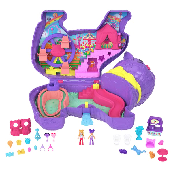 Polly Pocket Celebration Kitty-legesæt med 2 mikrodukker, 23 stk. overraskelsestilbehør, herunder kæledyr, fødselsdagsfest med pariserhjul
