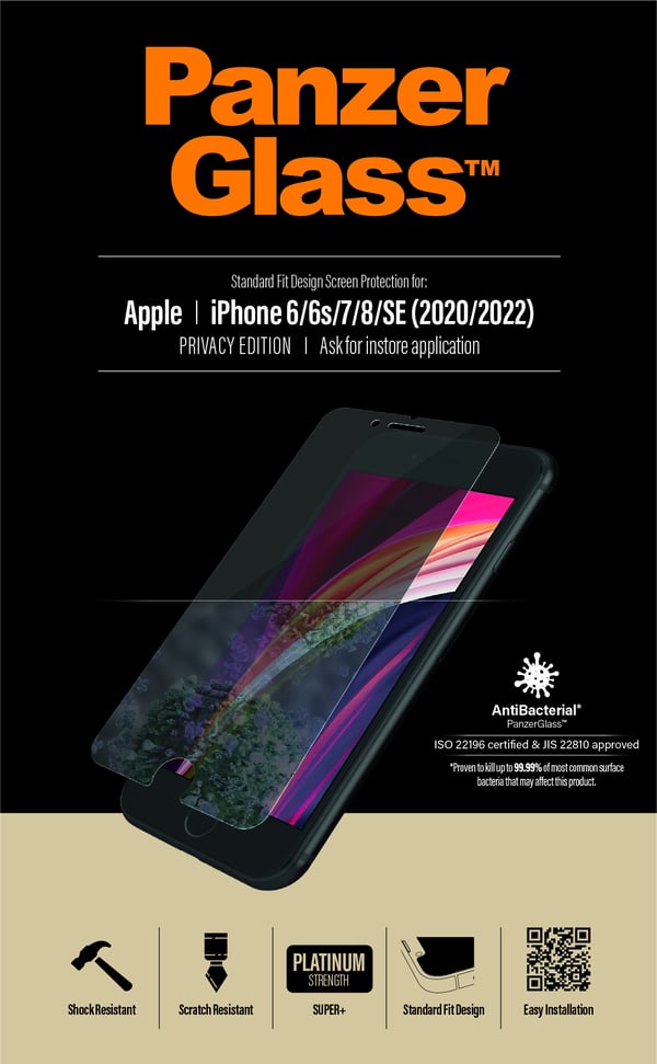 PanzerGlass ® Privacy Screen Protector iPhone SE (2020/2022) | 8 | 7 | 6 | 6s | Standard Fit Kirkas näytönsuoja Apple 1 kpl