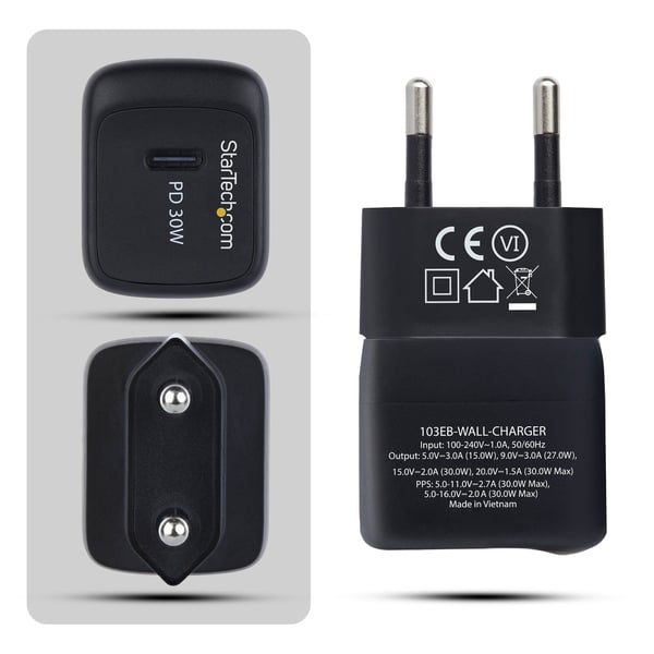 StarTech.com 103EB-WALL-CHARGER mobiililaitteen laturi Universaali Musta AC Pikalataus Sisätila