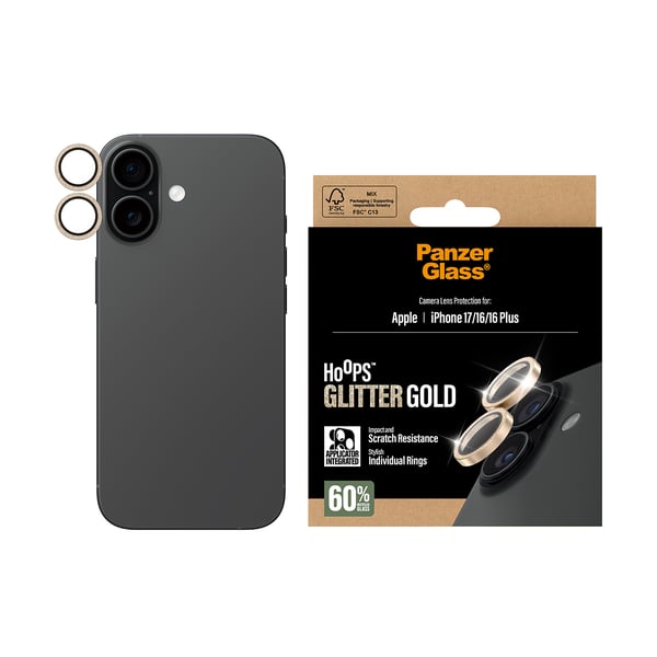 PanzerGlass ® Hoops® Kameralinsebeskytter Glitter Guld iPhone 17 | iPhone 16 | 16 Plus