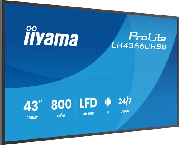 iiyama LH4366UHSB-B1AG infonäyttö Digitaalinen litteä infotaulu 109,2 cm (43") LCD Wi-Fi 800 cd/m² 4K Ultra HD Musta Sisäänrakennettu prosessori Android 24/7