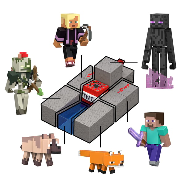 Minecraft -set med Steve-actionfigur och tillbehör, samlarleksak i skala 8 cm med byggdel