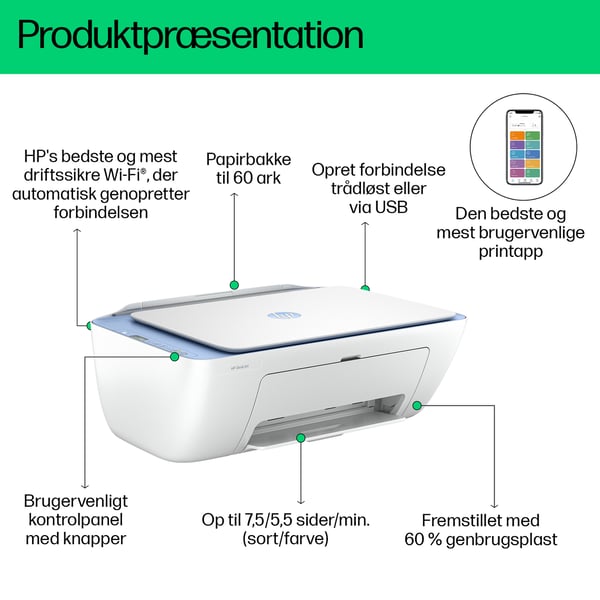 HP DeskJet 2822e Trådløst All-in-One Farve Printer, Instant Ink; Kopimaskine, scanner