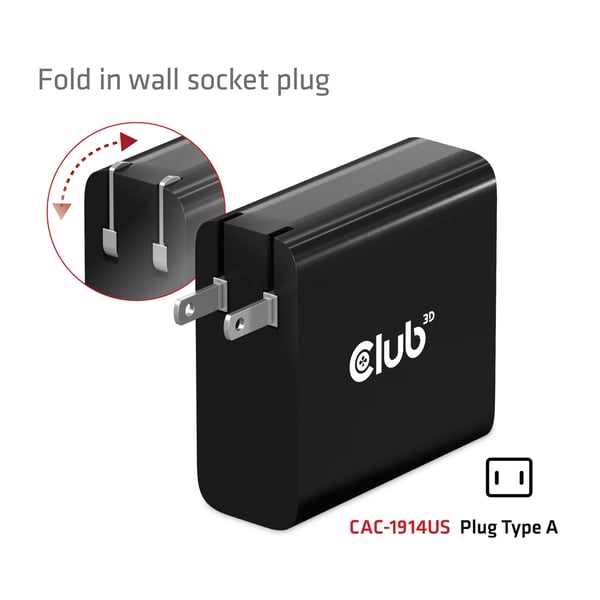 CLUB3D Travel Charger 140 Watt GaN technology, Single port USB Type-C, Power Delivery(PD) 3.1 Support